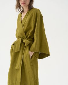 Linen Wrap Dress With Kimono Sleeves, Linen Kimono Robe for Women, Linen Dress Coat SUNSET - Etsy Thailand Elegant Linen Summer Robe, Elegant Summer Linen Robe, Summer Linen Robe With Long Sleeves, Spring Wrap Robe With Relaxed Fit, Elegant Linen Kimono For Summer, Elegant Linen Summer Kimono, Chic Wrap Kimono For Brunch, Chic Belted Summer Kimono, Chic Summer Kimono With Belt