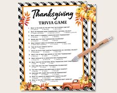 a thanksgiving trivia game with an orange truck and pumpkins