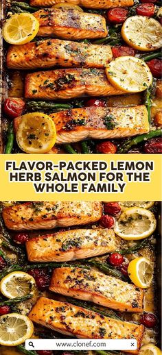 salmon and asparagus on a baking sheet with the words flavor - packed lemon herb whole family