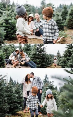 three pictures of people in the woods with trees and one is holding a child's hand