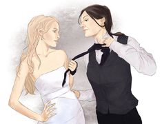 two women dressed in formal wear, one is pulling on the other's tie