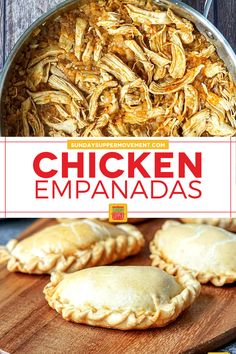 chicken empanada recipe in a pan on a wooden cutting board with text overlay