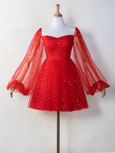 Red Formal Short Dress, Red Dress Tulle, Red Sparkly Dress Long Sleeve, Short Red Wedding Dress, Short Prom Dresses Red, Red Fluffy Dress, Red Prom Dress Short, Valentines Dress For Teens, Red Puffy Dress