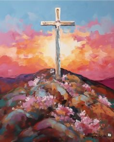 a painting of a cross on top of a hill with flowers in the foreground