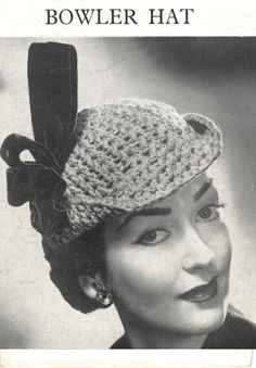 Instant pdf digital download for pattern pictured, by Strutts. 1940's, WW2 hat pattern, crocheted in Strutt's candlewick cotton.  One size.  Please also note this is a UK pattern, and will use UK crochet terminology which differs from USA.  Please note that the yarn called for in this pattern will not still be available, however other yarn can be substituted by working a gauge or tension swatch, and adjusting hook sizes as necessary. Candlewick cotton came in 1oz skeins, and the pattern calls fo Vintage Crochet Cap Hat, Retro Crochet Cap, Retro Crochet Hat With Curved Brim, Crochet Terminology, Vintage Crochet Pattern, Crochet Vintage, Bowler Hat, Pattern Pictures, Motif Vintage