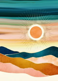 the sun is shining over mountains and hills in this abstract painting by artist susan grisell