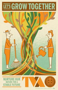 a poster with two men working on a tree and the words let's grow together