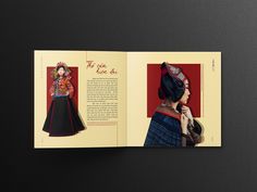 an open book with pictures of women in traditional dress on the cover and inside pages