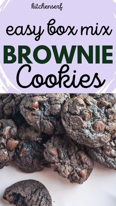 chocolate brownie cookies stacked on top of each other with text overlay reading easy box mix brownie cookies