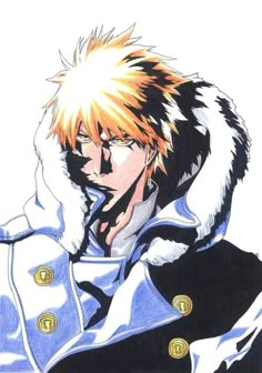 an anime character with blonde hair wearing a blue and white coat, holding his hand up to his face