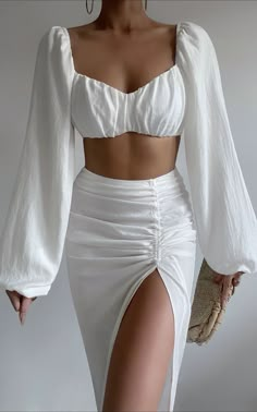 Skirt Outfits For Dinner Date, Fashion Two Piece Sets, Two Piece Midi Skirt Set, Two Piece Long Skirt Set Crop Tops, Cute 2 Piece Outfits Skirts, One Pieces Dresses, Two Piece White Outfit Skirt, Skirt Top Set Two Pieces, Long Sleeve Crop Top With Skirt