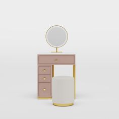 a pink vanity with a mirror and stool