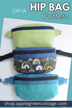 three fanny bags with zippers on each side and the words hip bag pattern above them