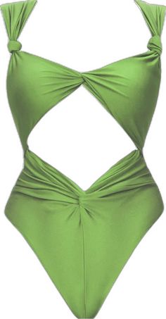 a woman wearing a green bikinisuit with one shoulder and two ties on the side