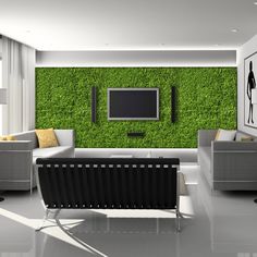 the living room is decorated in white and grey with grass on the wall behind it