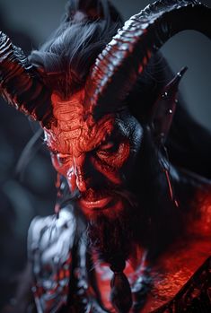 a demon with horns and long hair is staring at the camera while standing in front of a dark background