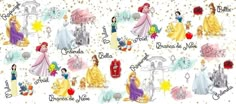 an image of disney princesses and their names on a white background with gold confetti