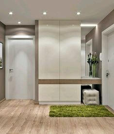 a modern bathroom with wood flooring and white cabinetry, along with a green rug on the floor