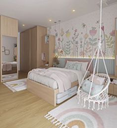 the bedroom is decorated in pastel colors and has a hanging hammock bed