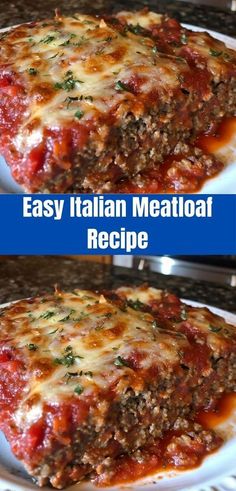 two pictures of meatloaf with cheese and tomato sauce on top, one is cooked and the other is baked