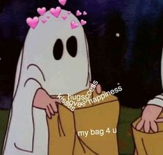 two cartoon characters dressed as ghost and one is holding a box with hearts on it