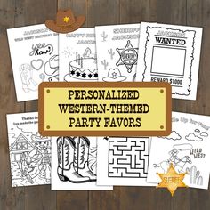 personalized western themed party favors with cowboy hats, boots and other items on them