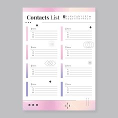 a pink and purple planner with the words contacts list written on it's side