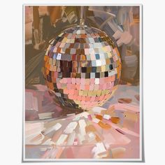 an abstract painting of a disco ball in pink and gold tones with white squares around it