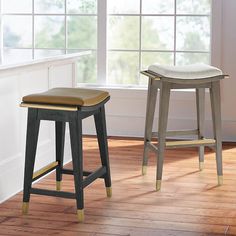 two stools sitting on top of a hard wood floor next to a window in a kitchen