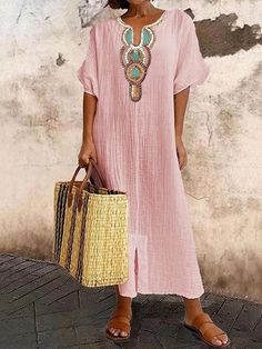 Women's Casual Dress Cotton Linen Dress Maxi long Dress Embroidered Basic Daily Split Neck Half Sleeve Summer Spring White Pink Floral 2024 - $29.99 Vintage Style Embroidery, Dresses Casual Boho, Womens Boho Dresses, Split Hem Dress, Bohemian Maxi Dress, Women Maxi, Mua Sắm, Boho Casual, Boho Maxi Dress