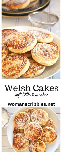 some pancakes with powdered sugar on them and the words, we wish cakes soft little tea cakes