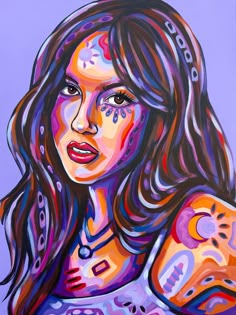 a painting of a woman with tattoos on her arm and chest, painted in bright colors