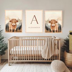 a baby's room with two posters on the wall