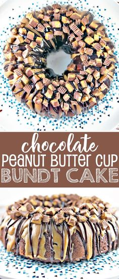 chocolate peanut butter cup bundt cake on a plate