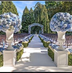 an outdoor ceremony setup with blue flowers and white urns on either side of the aisle