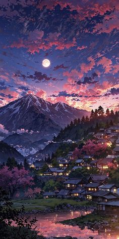 the night sky is lit up with pink and purple clouds over a mountain village at dusk