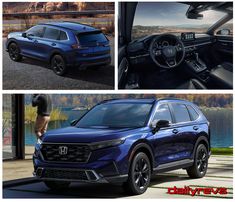 three different views of the front and side of a blue honda suv, with two men standing next to it