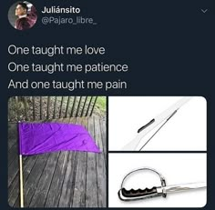 a purple umbrella sitting on top of a wooden floor next to other pictures and words