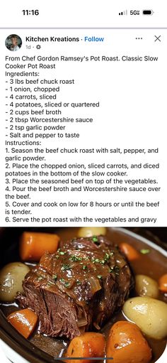 an image of a pot roast with potatoes and carrots in it on the app