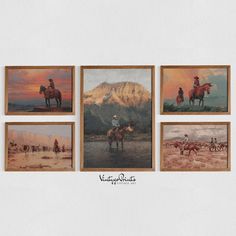 four paintings of people riding horses in the desert, each with a cowboy on it