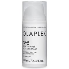 A reparative hair mask which adds shine, smoothness and body Transform your hair in just one wash with the Olaplex No.8 Bond Intense Moisture Mask 100ml. Infused with patented Olaplex Bond Building technology, the Olaplex No.8 Bond Intense Moisture Mask is a highly concentrated reparative mask which adds shine, smoothness and body while providing intense moisture to treat damaged hair. Olaplex No.8 is the only moisture mask that simultaneously rebuilds bonds in your hair while it moisturises. It Olaplex No 8, Crazy Curly Hair, Treat Damaged Hair, Airless Pump, Mode Zara, Damaged Hair Repair, Hair Strengthening, No 8, Shampoos