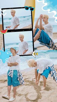 two boys on the beach playing in the sand and one boy is holding a surfboard