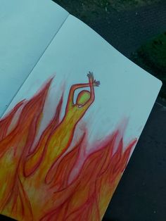 a drawing of a woman on fire with her arms spread out in front of her