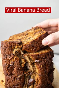 a person holding a piece of chocolate banana bread