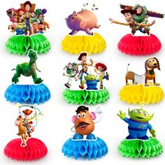 toy story cake toppers featuring characters from various films and tv shows, all in different colors