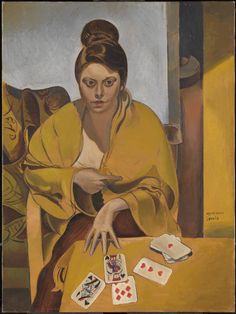 a painting of a woman sitting at a table with playing cards in front of her