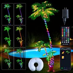 the palm tree has been decorated with multicolored lights and is next to an inflatable pool