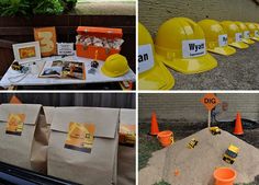 there are pictures of construction themed items on the table and in front of them is an orange cone