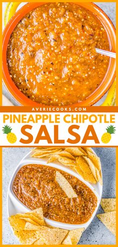 pineapple chipotle salsa in a bowl with tortilla chips on the side