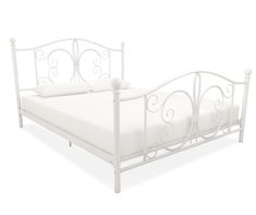 a white metal bed frame with two pillows on the top and bottom posts, against a white background